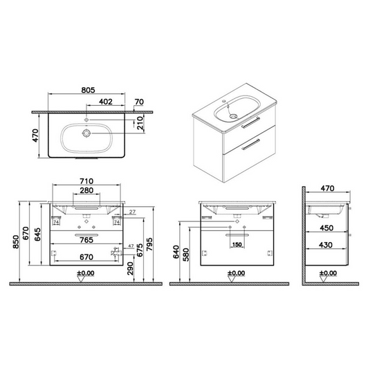 VitrA Zentrum 80cm 2 Drawer W/H Washbasin Unit | Natural Oak | 66303 - Envy Bathrooms Ltd