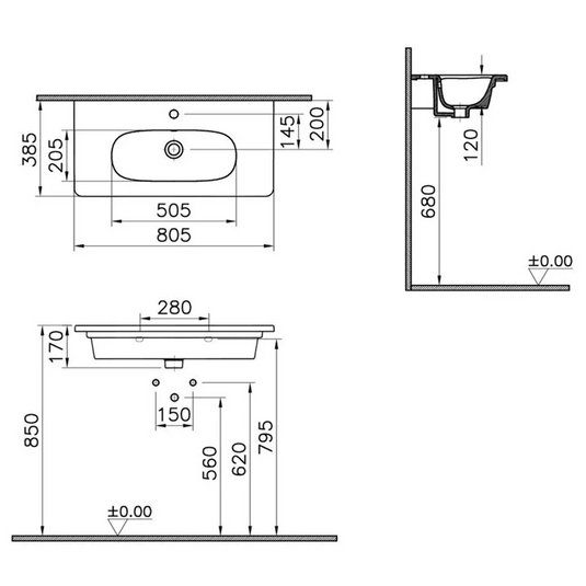 VitrA Zentrum 805x390mm 1TH Vanity Basin w/Overflow - White - 7792B003-0001 - Envy Bathrooms Ltd