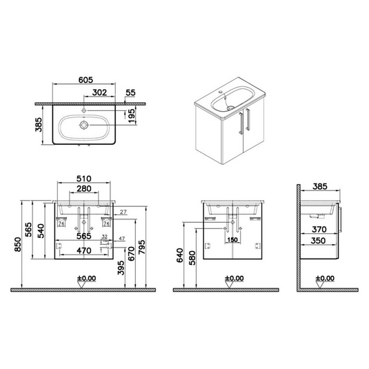 VitrA Zentrum Compact 60cm 2 Door W/H Washbasin Unit | High Gloss White | 66367 - Envy Bathrooms Ltd